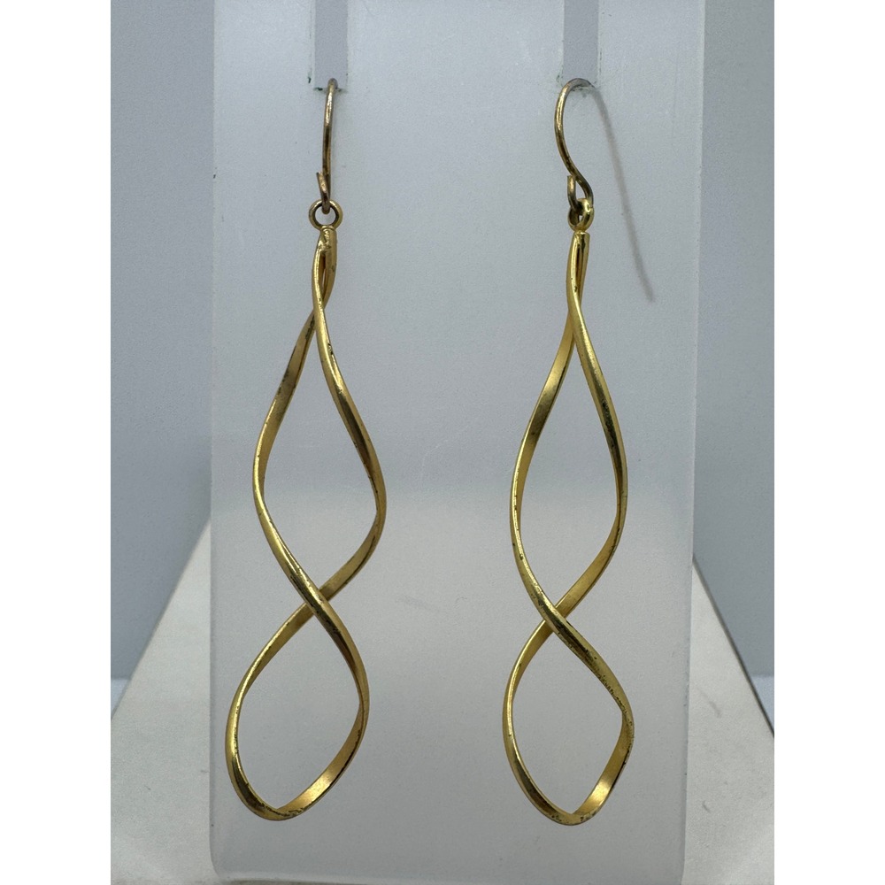 Gold Tone Double Twist Spiral Dangle Drop Earrings French Wire Hook Ribbon